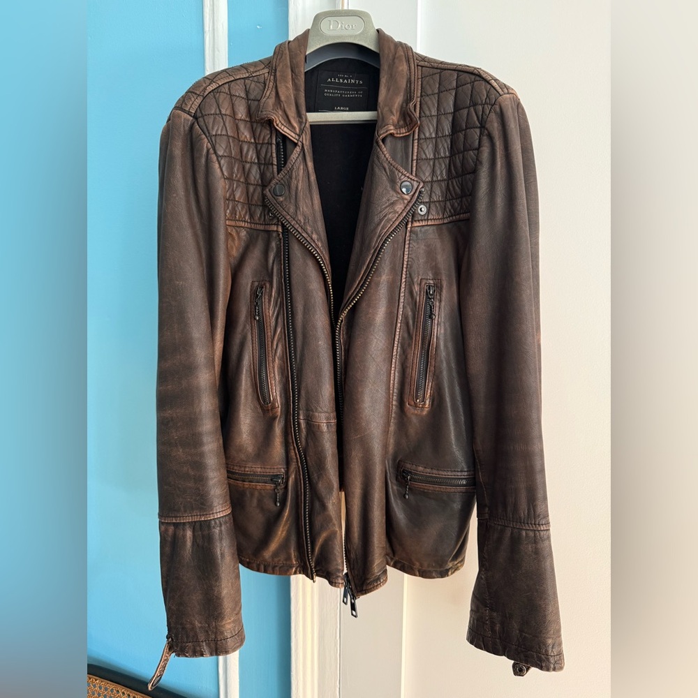 All saints men leather jacket size large